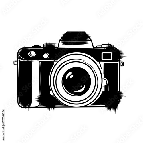 Vintage camera illustration in black and white sketch style  