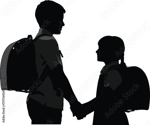 School children silhouette, student friendship, backpack kids, walking together, education bond, sibling support, morning routine, school uniform, childhood journey, unity