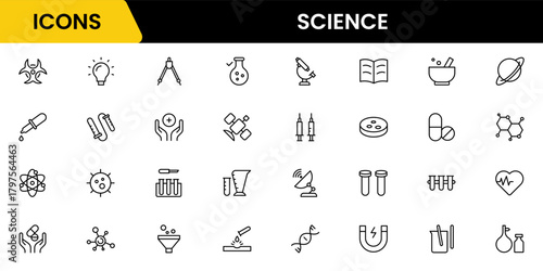 Science and research line icons collection. Big UI icon set in a flat design. Thin outline icons pack. Vector illustration