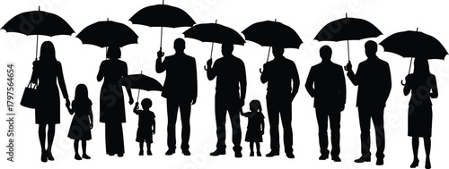 Εκτύπωση καμβά Umbrella silhouettes, people standing, family unity, rain protection, outdoor sc