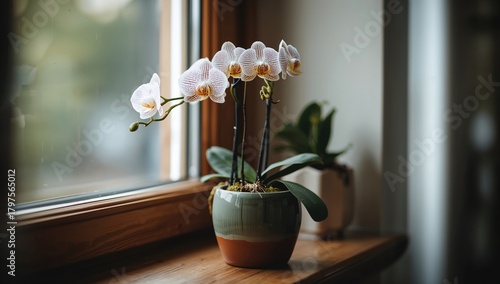 Potted Phalaenopsis orchid plant, decorative indoor greenery, seasonal decor