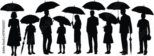Umbrella silhouettes, people standing, rainy day, outdoor scene, unity in rain, minimal design, black figures, weather protection, family moment, anonymity