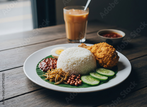 Authentic Malaysian Nasi Lemak dish with fragrant coconut rice and crispy fried chicken