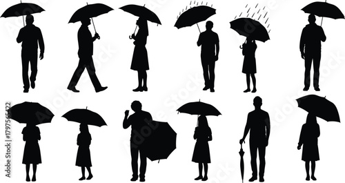 Umbrella silhouettes, walking people, rainy day, outdoor crowd, black figures, weather protection, human interaction, minimal design, urban scene, unity
