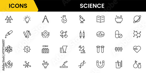 Science and research line icons collection. Big UI icon set in a flat design. Thin outline icons pack. Vector illustration