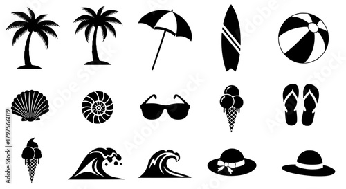 Vecter icons set showing assortment of beach themed icons including palmtrees،umbrella, surfboard, and other summer essentials design set silhouette