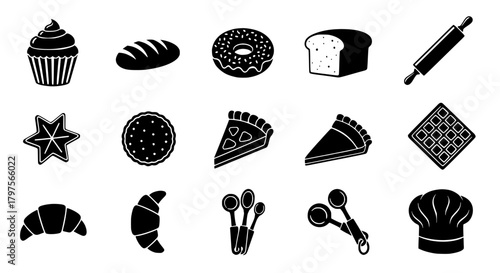 Vecter icons set showing a collection of bakery items and utensils displayed in a simple black and white graphic illustration silhouette