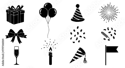 Vecter icons set showing a collection of celebratory icons including gifts,balloons, confetti, and party accessories in black and white silhouette