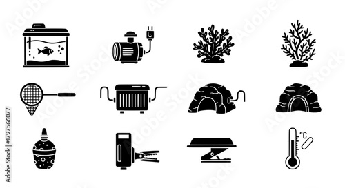 Vecter icons set showing a collection of aquarium related equipment and decorations in a black and white vector illustration set up silhouette