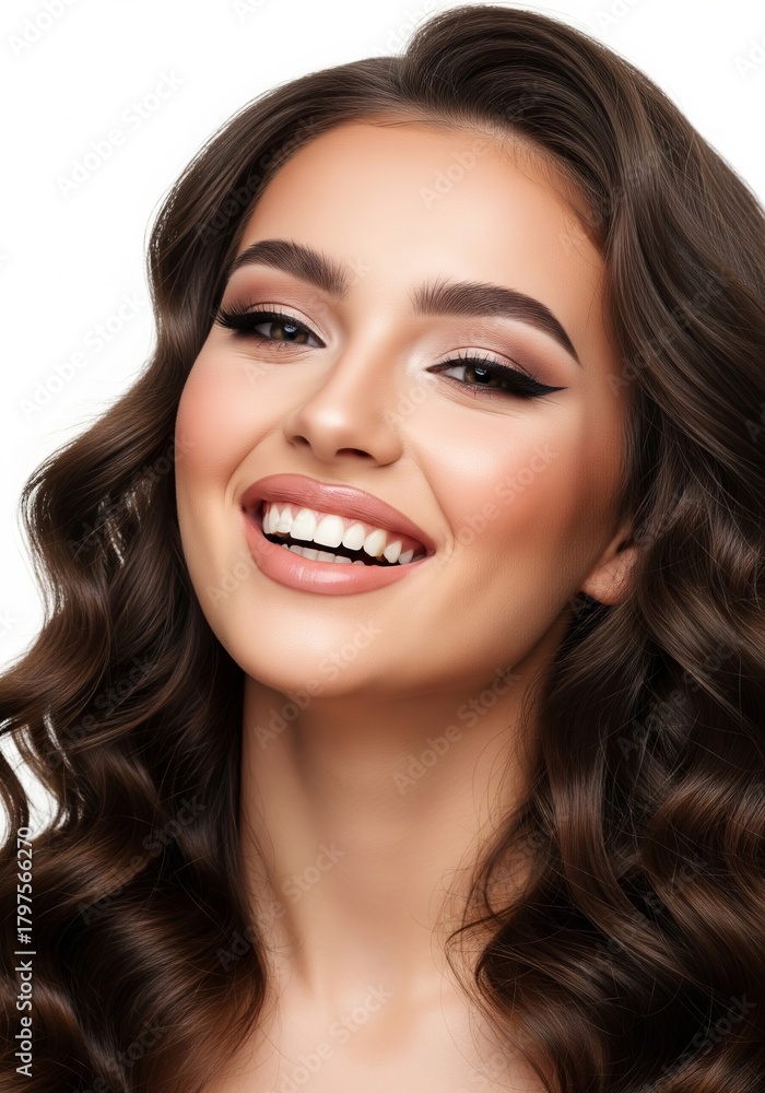 Obraz premium Captivating portrait of a joyful young woman with luxurious long dark waves, luminous skin, and sophisticated eye makeup, beaming with genuine happiness and grace