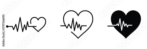 Heartbeat icon set in black color. Heart shape with pulse line. Heartbeat pulse flat icon for medical apps and websites. Vector illustration. Heart vector icons. Set of heartbeat icon.