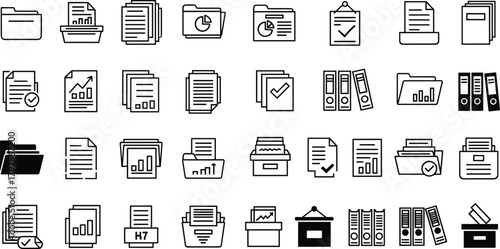 Business document icons set of folders, reports, binders, analytics charts, paperwork management symbols for office organization