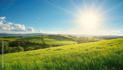 Fototapeta Naklejka Na Ścianę i Meble -  Sunny rural landscape with green meadows and grassy slopes, ideal for summer activities