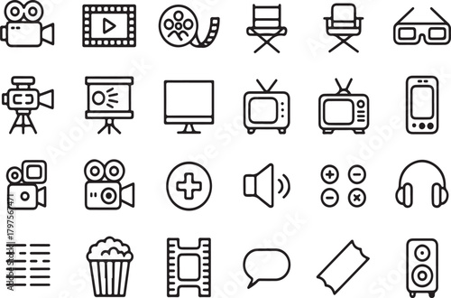 Collection of black line art icons for film production and media viewing film icon movie icon