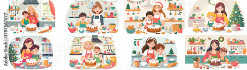 Mother,son and daughter cooking Christmas cookies. Vector, design, minimalist, illustrations, icon set