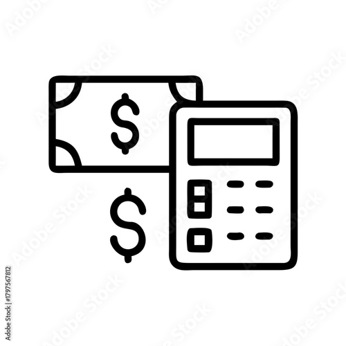 Calculator and dollar bills in simple line art style  