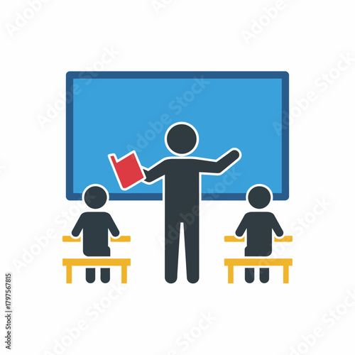 Flat design icon of a teacher with a book instructing students in a classroom setting, symbolizing the concept of education, learning, and academic development