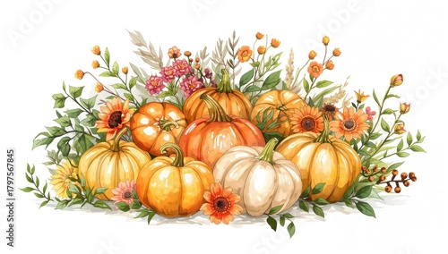 Hand-drawn watercolor arrangement of pumpkins, fall leaves, and flowers, seasonal change