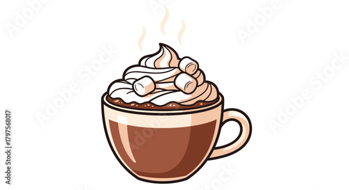 A steaming cup of hot chocolate topped with whipped cream and marshmallows, presented as a cartoon illustration.