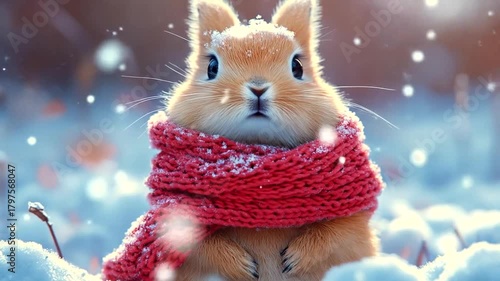 Snug winter rabbit wears warm scarf