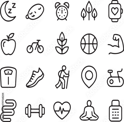 Health and fitness icons set with sleep bike apple and heart symbols vector