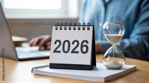 Desk with a calendar showing 2026, hourglass, and laptop, representing time and planning