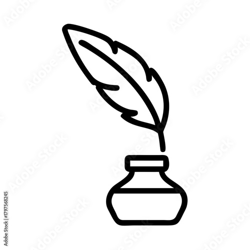 Ink bottle with quill pen in minimalist line art style  