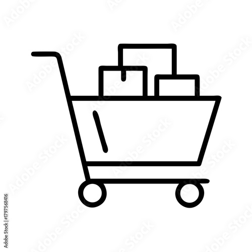 Outline of shopping cart filled with boxes on a white background  