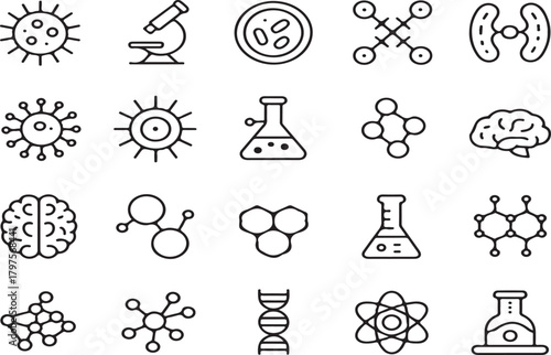 Science icons set virus microscope brain D N A molecules bacteria vector