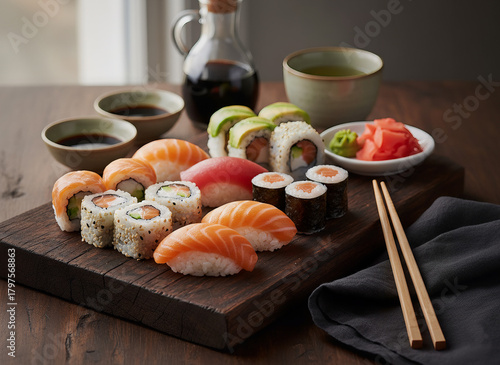 Fresh Japanese Sushi Platter Assortment with Salmon Nigiri, Maki Rolls, and Avocado on Wooden Board
