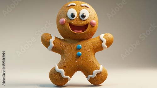 Happy Gingerbread Cookie Character with Colorful Details and Smiles.