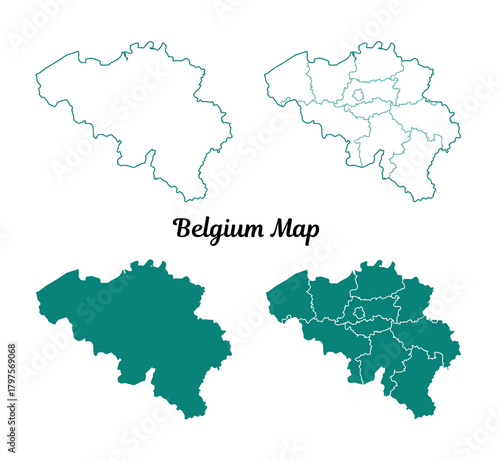 Belgium Map Teal Outline and Solid Teal with Regions on White