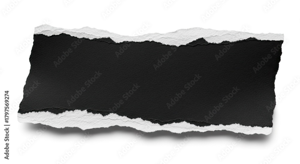Fototapeta premium Torn black paper fragment with rough edges isolated on white background ready for graphic design