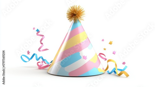 Colorful Party Hat with Streamers for Celebration or Birthday Event.