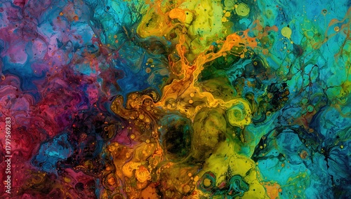 Vibrant bubbles in fluid motion, showcasing chaotic patterns, ideal for abstract design backgrounds