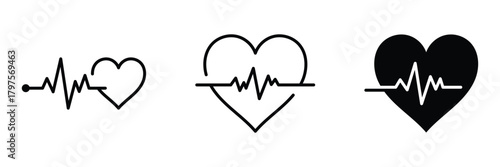 Pulse icon flat line symbol set. Black pulse icon vector illustration template. Heartbeat line. Pulse cardiogram icons of heart beat. ECG electrocardiogram with healthy rhythm, cardio attack.