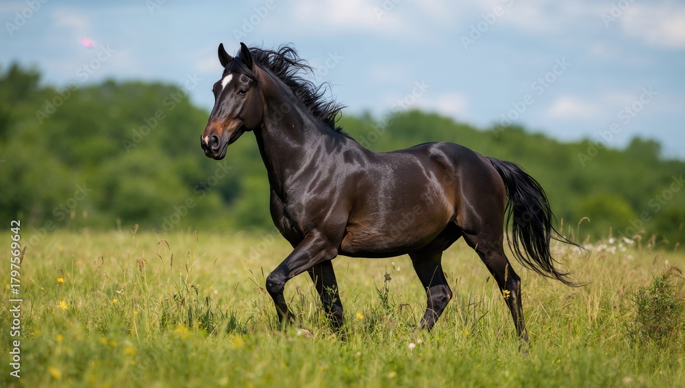 Fototapeta premium Horse running freely across a meadow, embodying freedom and vitality