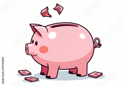 Illustration of a Pink Piggy Bank with Broken Coins and Banknotes on the Ground Emphasizing Savings Challenges and Financial Management