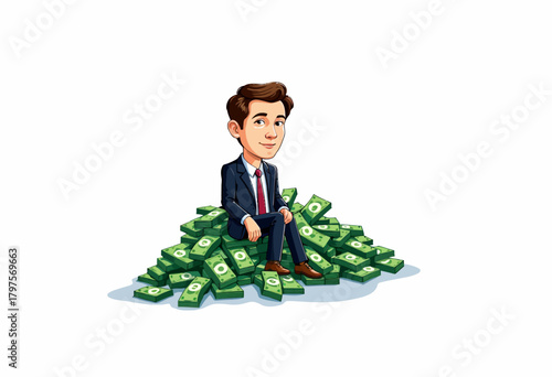 Illustration of a confident businessman sitting on a large pile of money suggesting financial success and wealth accumulation in an entrepreneurial setting