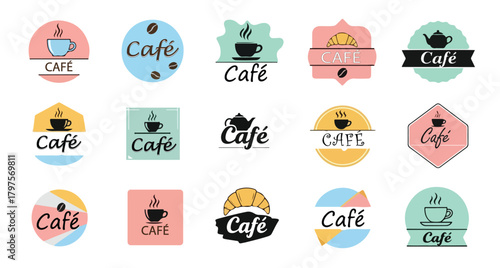 A collection of diverse café logo drafts featuring various designs and color schemes. Images include steaming coffee cups, croissants, teapots, and coffee beans.