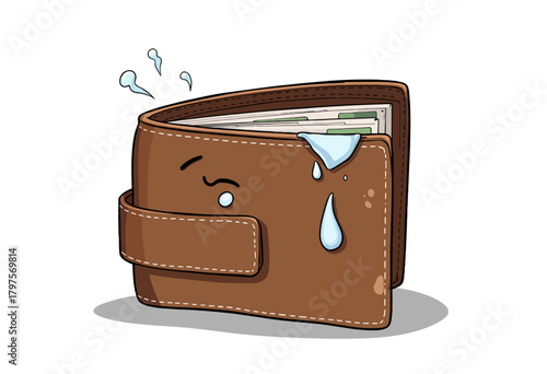 Illustration of a worried leather wallet with cartoon-like expressions and water droplets symbolizing financial stress or unexpected expenses