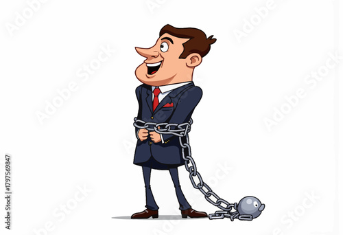 Illustration of a Happy Businessman in a Suit Enthusiastically Standing While Shackled with Chains and a Ball