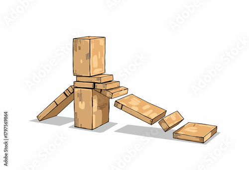 Wooden block figure demonstrating the domino effect concept with falling pieces showcasing balance and coordination in a minimalist design