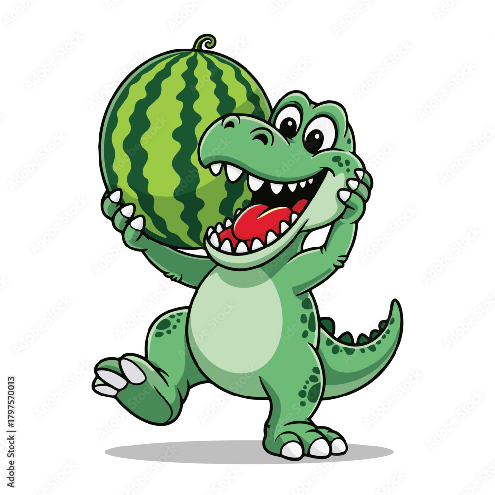Fototapeta premium Dinosaur Holding Watermelon Cartoon Vector Illustration — Fun Animal Character for Kids, Summer, and Food Design