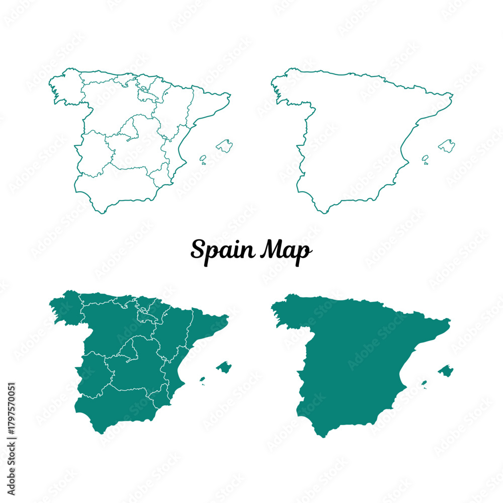 Obraz premium Spain Map Teal Outlines on White Background Set