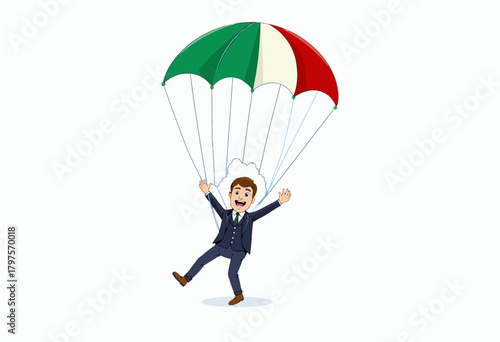 Illustration of a happy businessman in a suit parachuting with a tricolor parachute, symbolizing success and adventure in career pursuits
