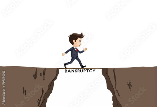 Cartoon Businessman in Suit Stepping Boldly Over Bankruptcy Gap Illustrating Risk and Uncertainty in Professional Financial Adventure