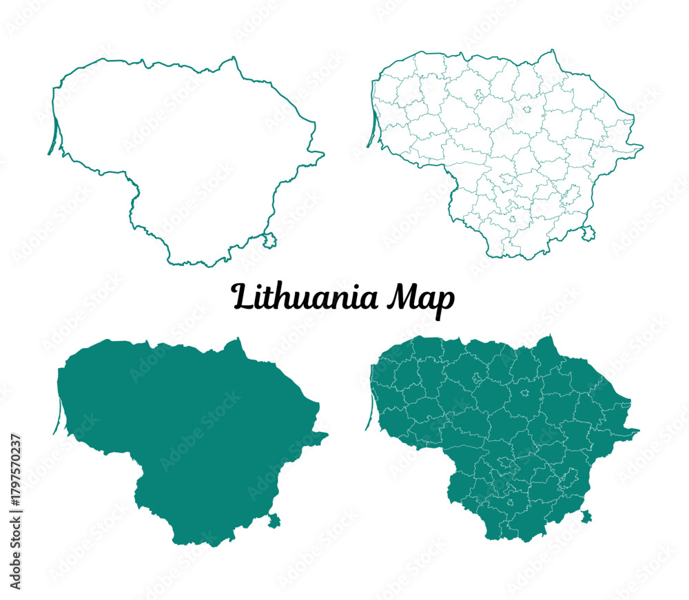 Fototapeta premium Green Lithuania Map Outline with Districts on White Background