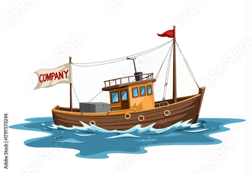 Wooden fishing boat navigating calm blue waters with a red flag and company banner displayed prominently on the side amidst gentle waves