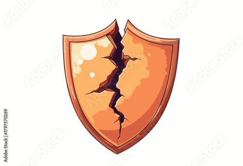 Illustration of a Cracked Orange Shield Symbolizing Vulnerability and Resilience Amidst Challenges and Damage in a Strong Protective Emblem